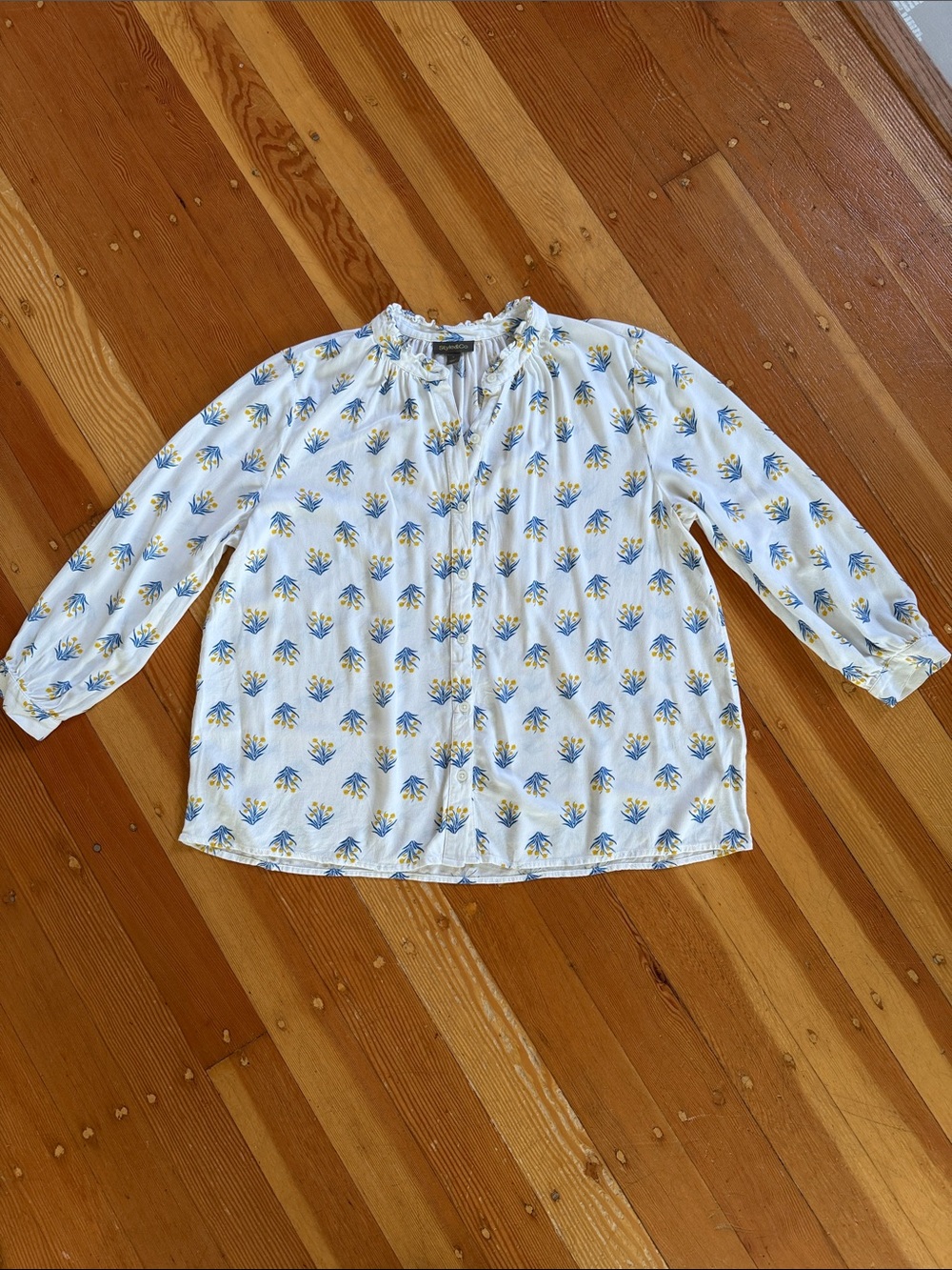 Style & Co 3/4 Sleeve White Floral Button Down Top Large